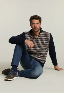 New River Woods Slim fit wollen trui navy/caramel mix -