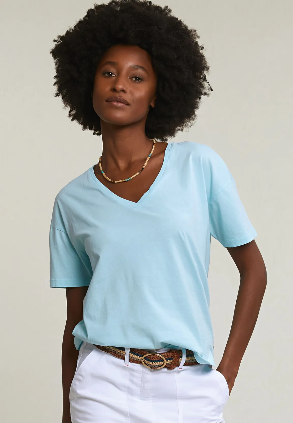Clearance River Woods Turquoise basic V-hals T-shirt korte mouwen -