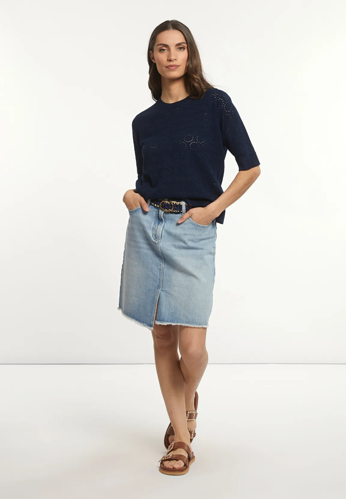 Discount River Woods Viscose fantasietrui ronde hals 3/4 mouwen navy -