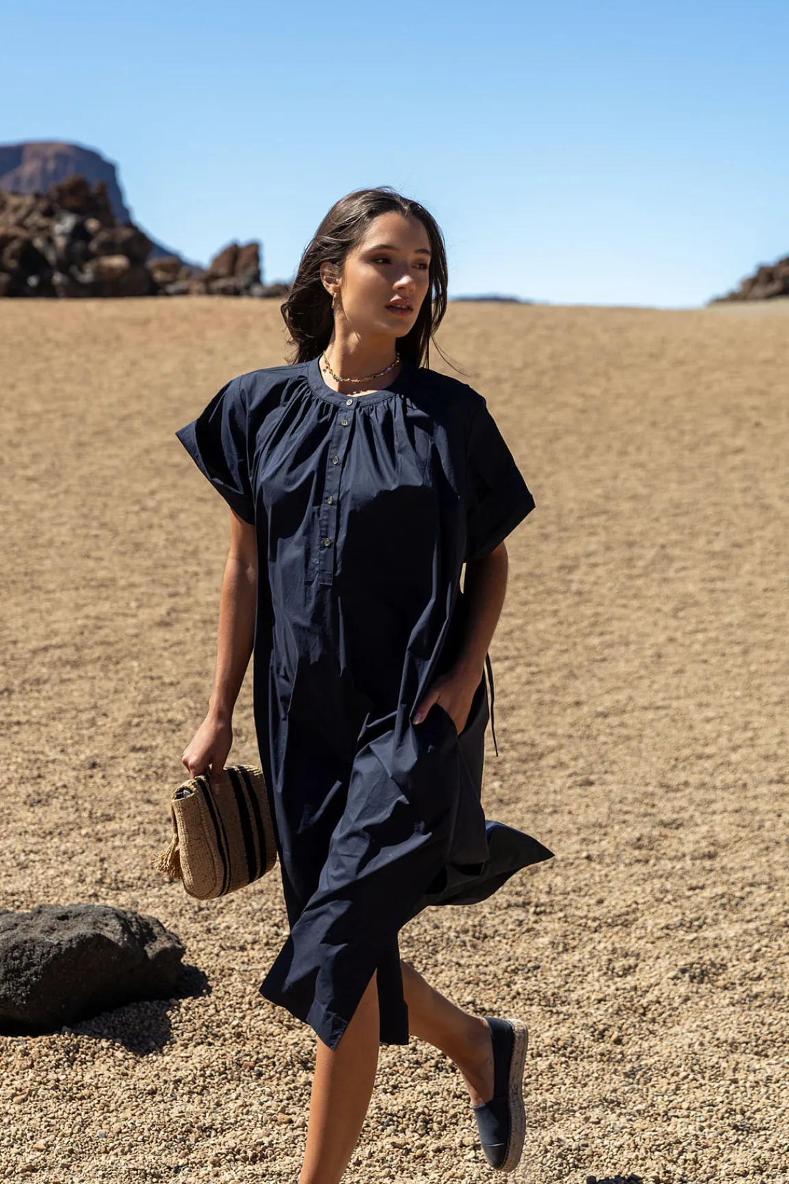 Discount River Woods Wijde jurk met riem korte mouwen navy -