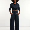 Fashion River Woods Wijde popeline broek hoge taille navy -