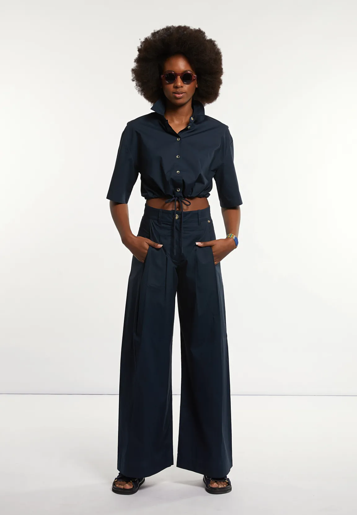 Fashion River Woods Wijde popeline broek hoge taille navy -