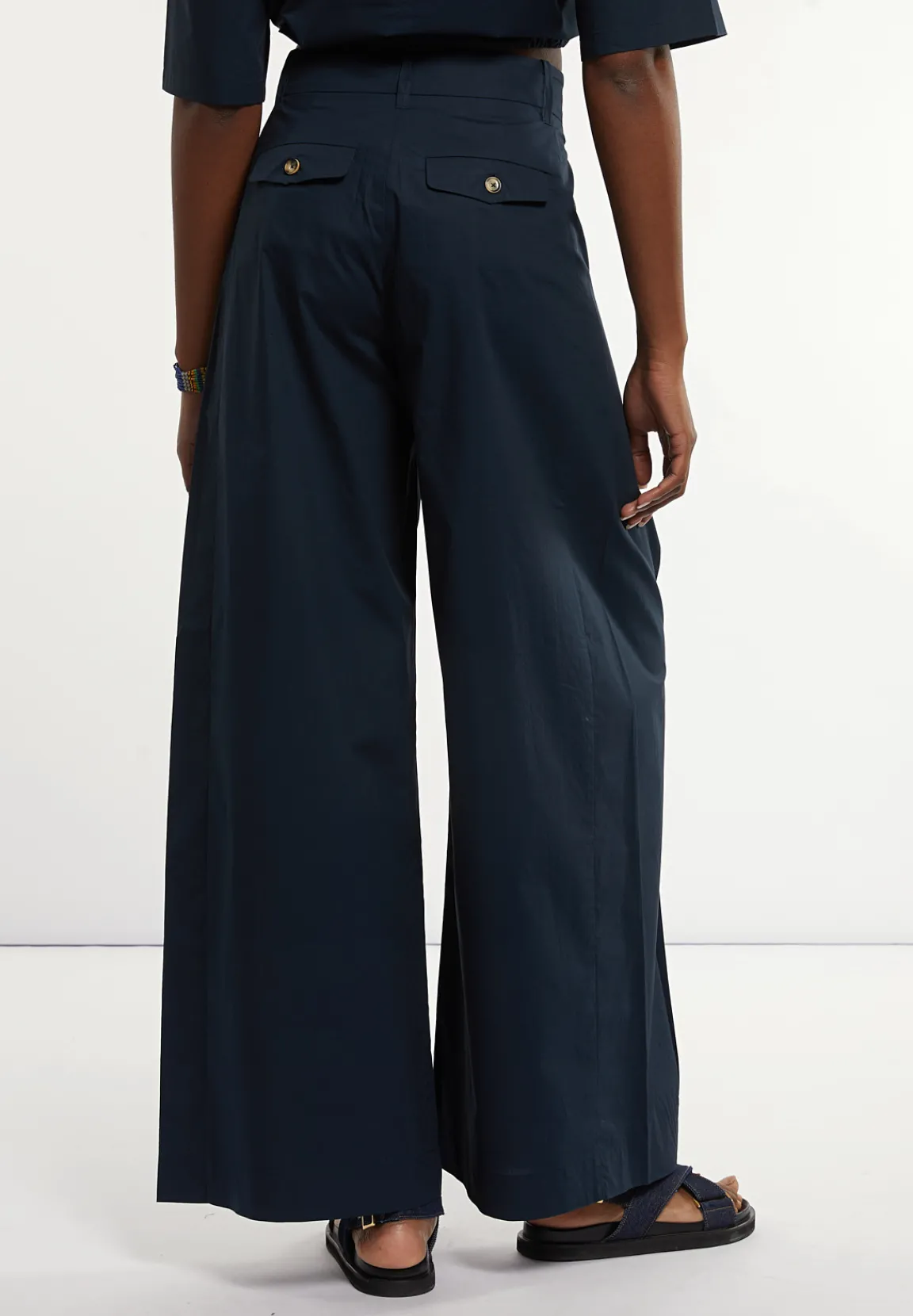 Fashion River Woods Wijde popeline broek hoge taille navy -