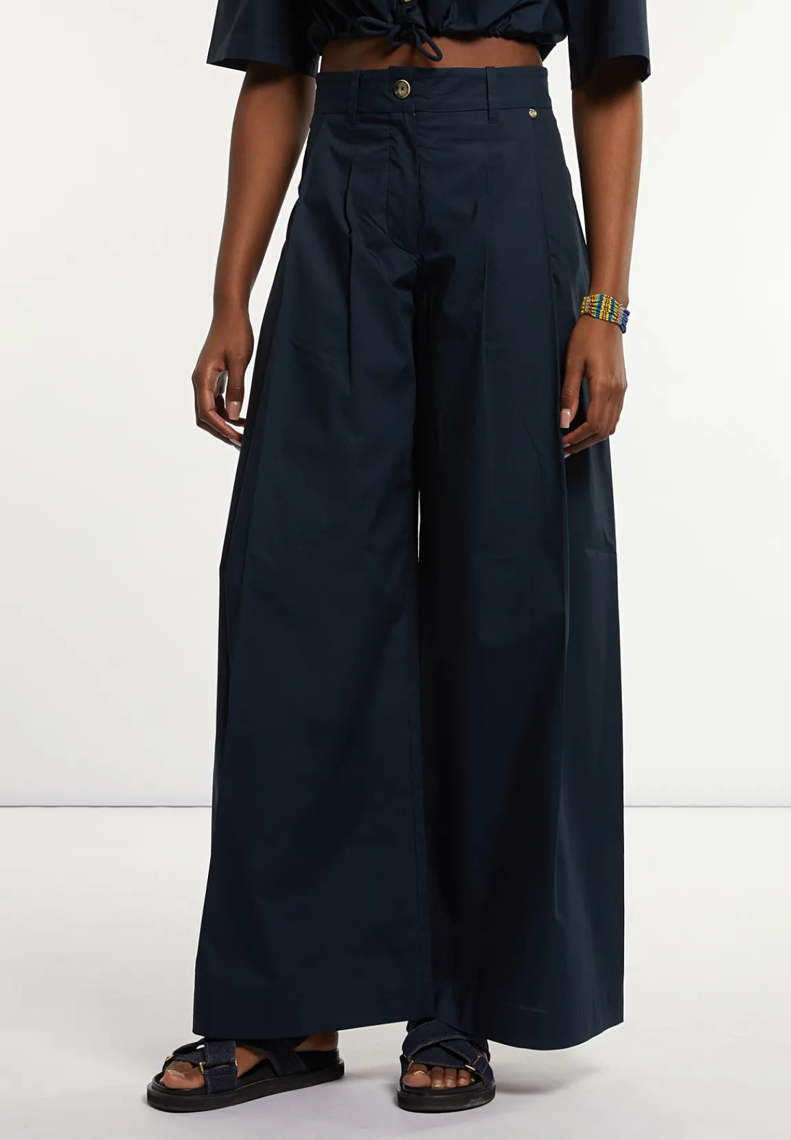 Fashion River Woods Wijde popeline broek hoge taille navy -
