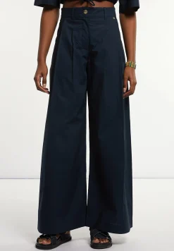 Fashion River Woods Wijde popeline broek hoge taille navy -