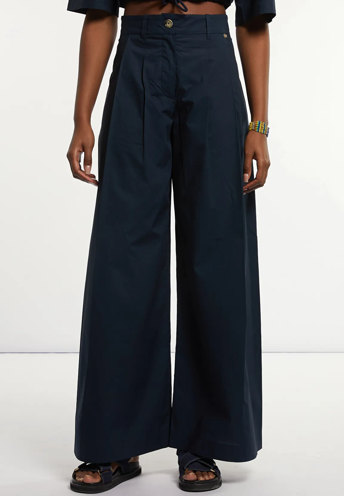 Fashion River Woods Wijde popeline broek hoge taille navy -