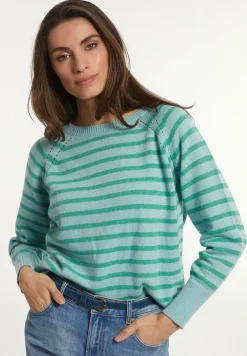 Hot River Woods Wol-kasjmier gestreepte trui ronde hals groen/blauw -