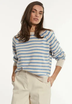 Discount River Woods Wol-kasjmier gestreepte trui ronde hals cream/blauw -