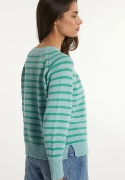 Hot River Woods Wol-kasjmier gestreepte trui ronde hals groen/blauw -
