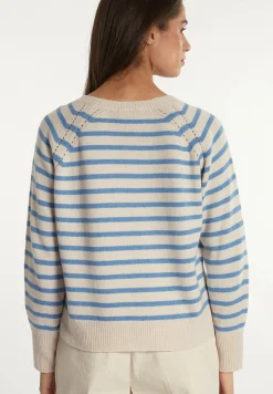 Discount River Woods Wol-kasjmier gestreepte trui ronde hals cream/blauw -