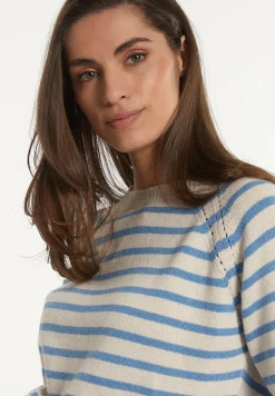 Discount River Woods Wol-kasjmier gestreepte trui ronde hals cream/blauw -