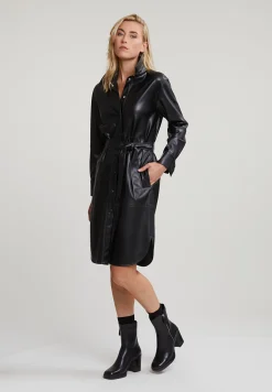 Online River Woods Zwarte vegan lederen jurk met riem -